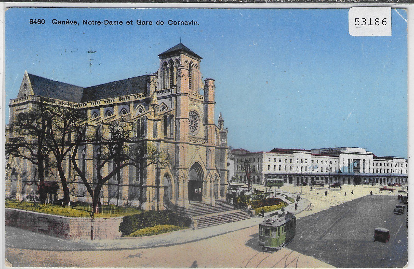 Ansichtskarten: Geneve - Notre-Dame et Gare de Cornavin - Tram - Litho – Gebraucht aus Ettingen von Kartenplanet