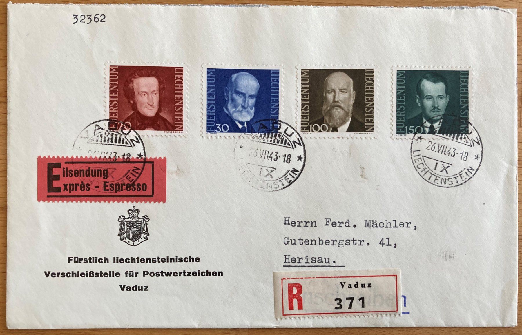 R Beleg FL 1943 Fürstenbilder III SBK 50 Fr (Gebraucht) in Flawil für