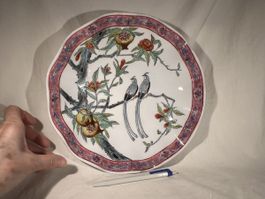 Assiette creuse porcelaine Chine, oiseaux et grenades, 70s