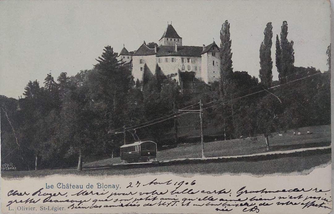 Cartoline postali: BLONAY - Le Château - Train - 1906 – Usato da Delémont venduto da Domdom1