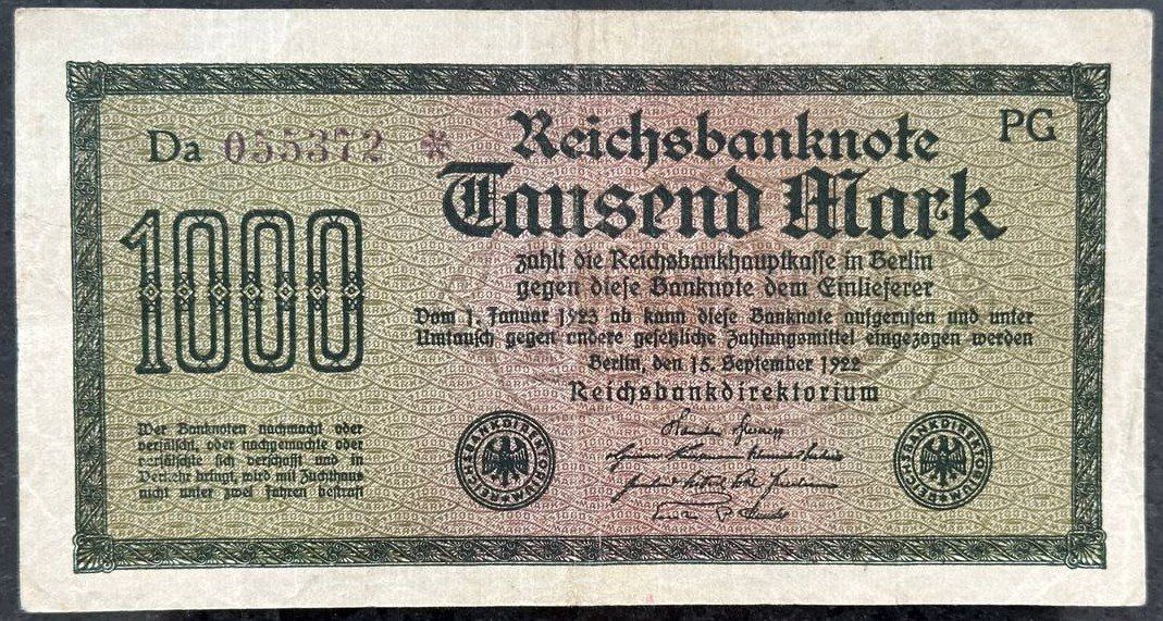 Banconote: Reichsbanknote 1000 Mark, 15. September 1922 – Usato da Beringen venduto da Mantafisch1