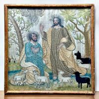 Icône géorgienne antique broderie soie Jésus et Saint Pierre