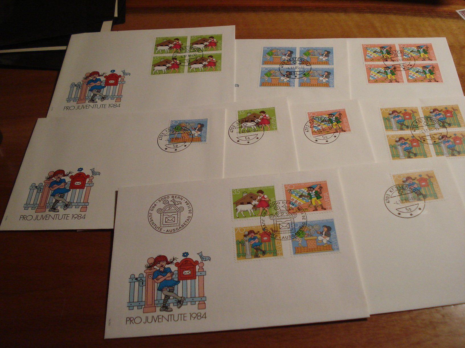 Alle Briefmarken: Pro Juventute 1984, FDC Satz + Briefe Einzel + 4erblock – Gebraucht aus Niederwil AG von morostahu 1
