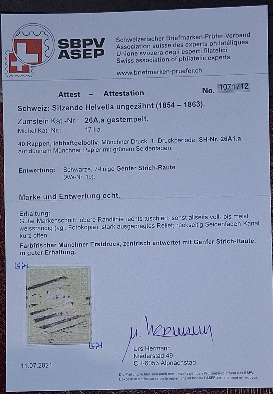 Alle Briefmarken: Strubel 26A1.a mit Gross Attest Kat. 1700.- – Gebraucht aus Balgach von SIMEON27 2