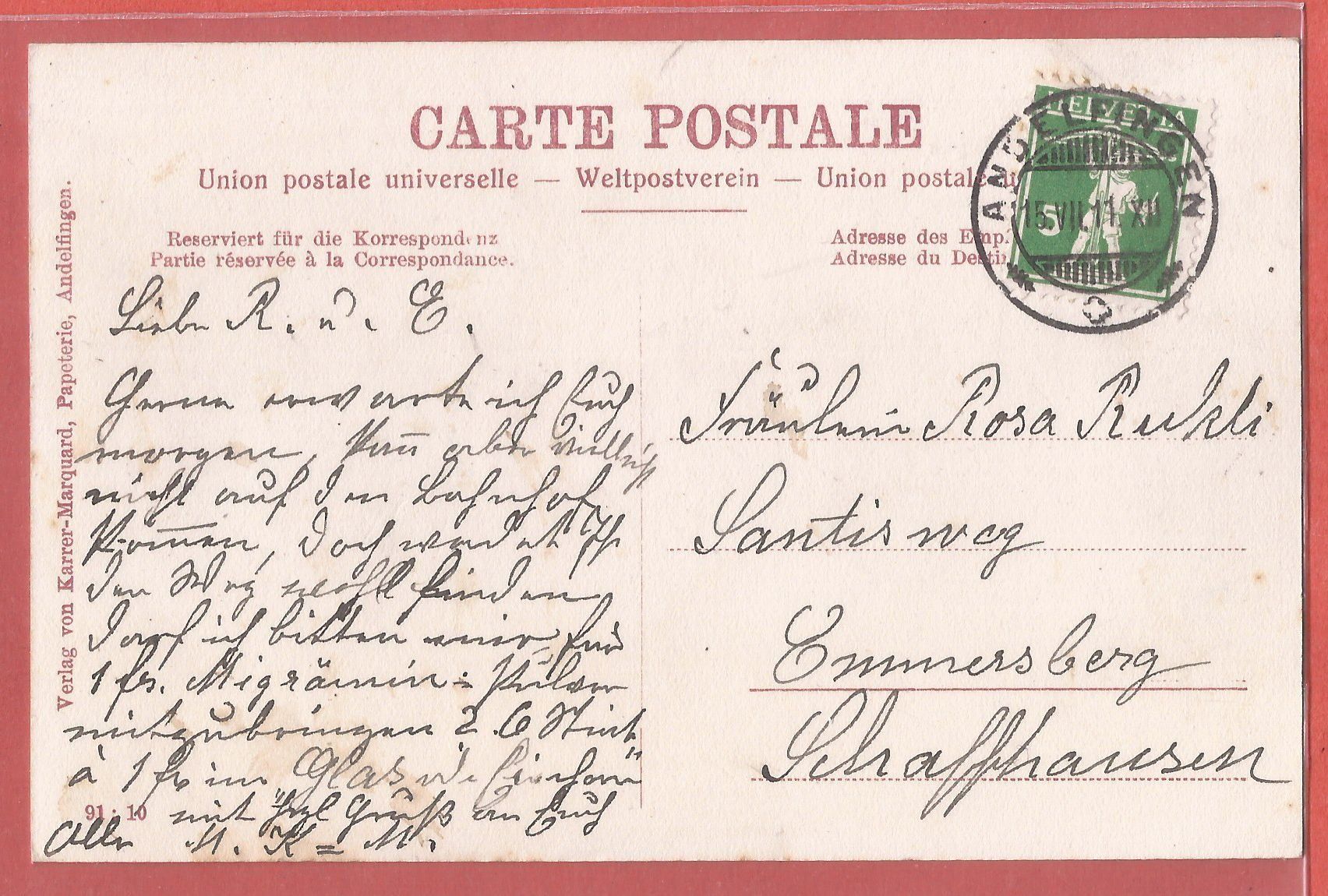 Cartes postales: Andelfingen - Teilansicht 1911 – D'occasion à Fislisbach par Porano 1