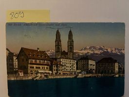 alte Ansichtskarte Zürich Grossmünster und Alpen, 1929