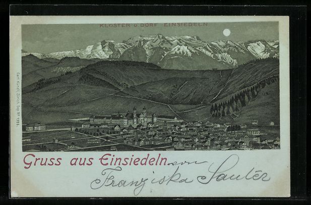 Ansichtskarten: Litho Einsiedeln, Ortsansicht mit Kloste – Gebraucht aus Berlin von bartko-reher