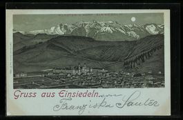 Litho Einsiedeln, Ortsansicht mit Kloste