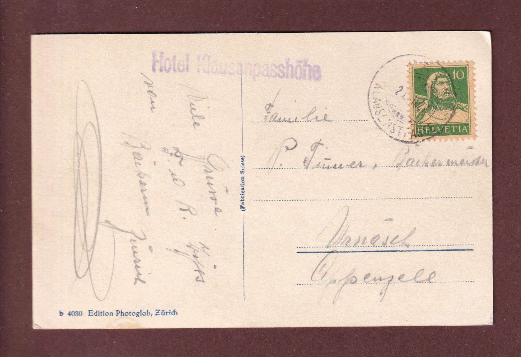 Cartoline postali: KLAUSENSTRASSE - 1927 – Usato da Pully venduto da nicecards 1