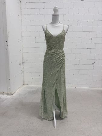 Elegantes Abendkleid Salbeigrün mit Pailletten - Gr. 36