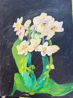 Gemälde Orchideen mit grünen Blättern auf schwarzem Grund