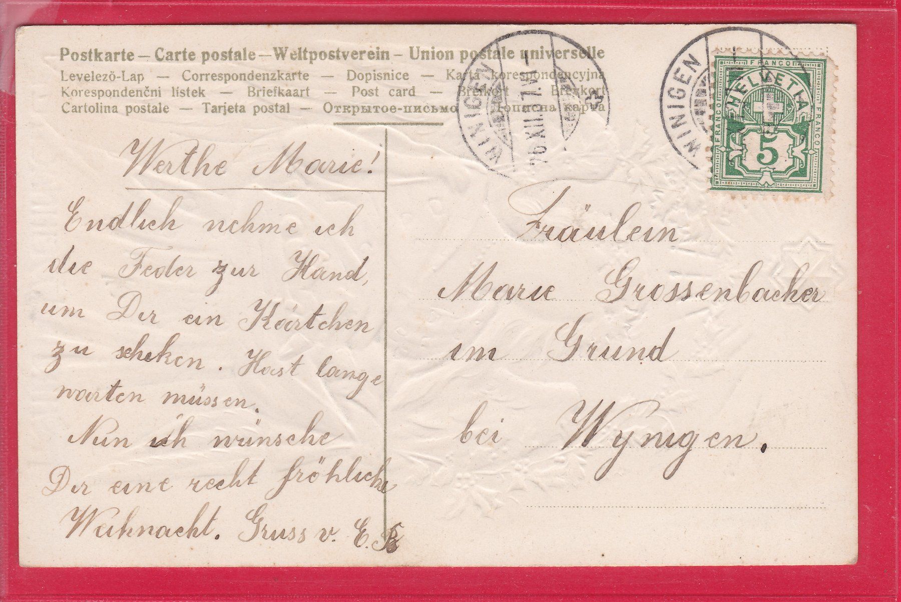 Cartoline postali: PRÄGE - ENGEL - WEIHNACHTSKARTE, 26.12.1907 – Usato da Oberrieden venduto da Gebirgsstelze 1
