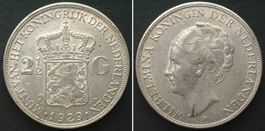 NIEDERLANDE 2 1/2 Gulden 1929 WILHELMINA Silber vz+