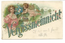 Vergissmeinnicht - Engel Amor Liebesbrief - Präge-Litho 1905