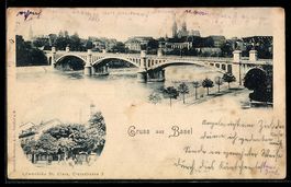 Basel, Rheinpartie mit Brücke und Gasth