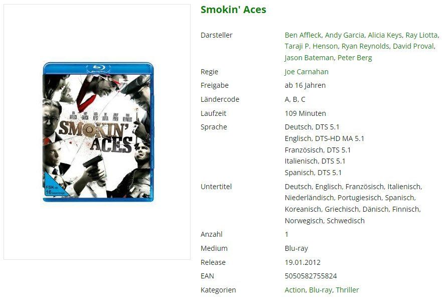 Tutti i DVDs: Smokin' Aces (Bluray) – Usato da Emmetten venduto da SVollenweider