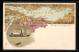 Litho Bodensee, Umriss des Sees als Frau