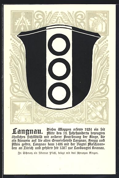 Cartoline postali: Langnau /ZH, Wappen der Gemeinde mit dre – Usato da Berlin venduto da bartko-reher