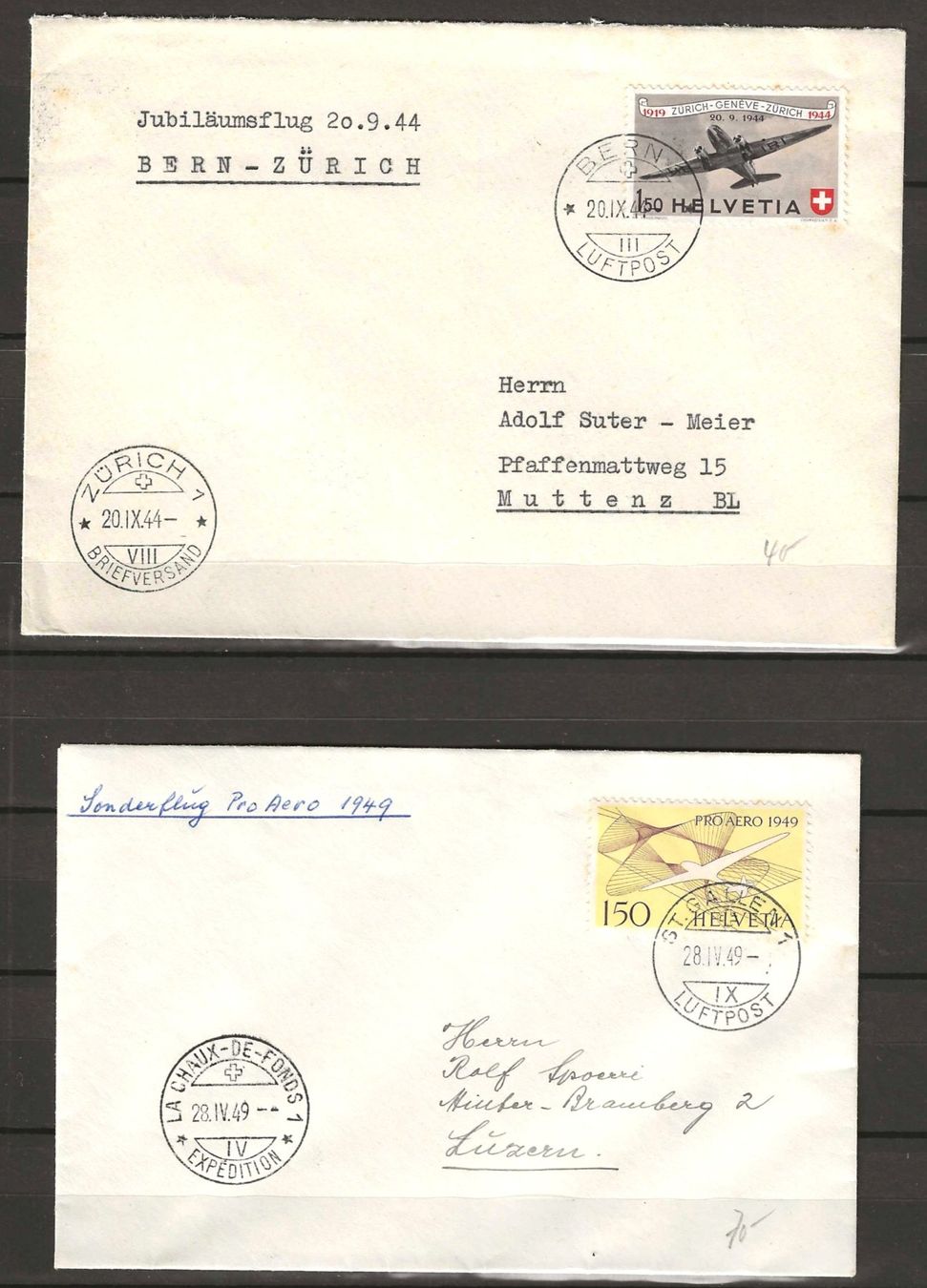 Tutti i francobolli: 1944 + 1949 : 2 CH Flugpost Briefe, KP 110.-- – Usato da Gümligen venduto da Geniusbuy