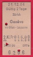 KARTON BILLETT, ZÜRICH - GENÈVE, EINFACH, 2.KLASSE, 21.12.84