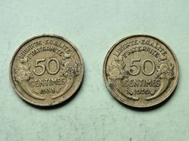 2x 50 centimes France 1938 + 1939 Morlon