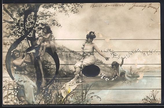 Cartes postales: Frauenfiguren sitzen auf einer Notenzeil – D'occasion à Berlin par bartko-reher