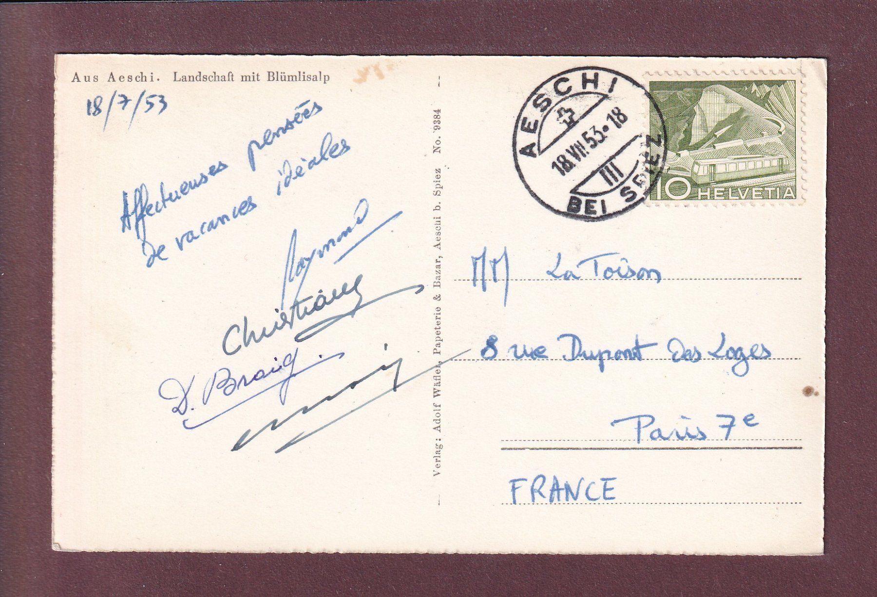 Ansichtskarten: Aus AESCHI - Blümlisalp - 1953 – Gebraucht aus Pully von nicecards 1