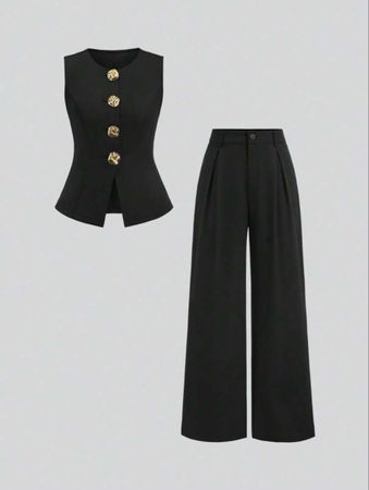 Schwarzes Set: Weste mit Goldschmuckknöpfen & Hose