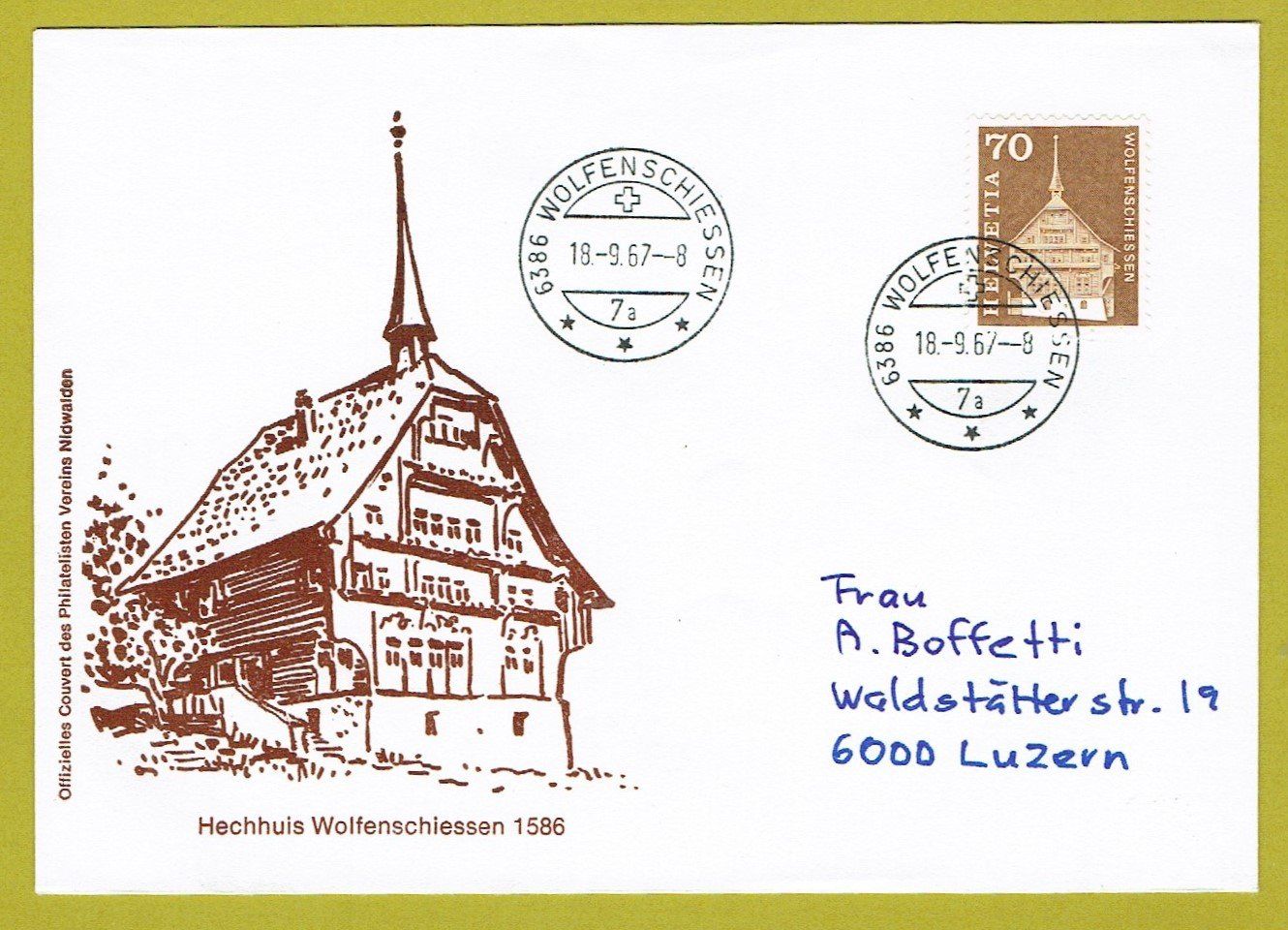 Tutti i francobolli: Ersttagscouvert Wolfenschiessen 70 C. mit Ortsstempel – Usato da Hettlingen venduto da Zimmi01