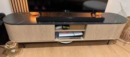 Meuble TV design plateau marbre foncé et bois 2 portes