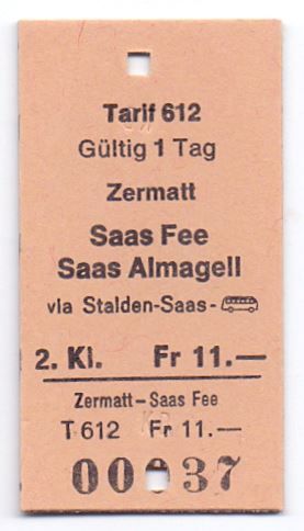 Biglietti: Zermatt - Saas Fee -  Saas Almagell Postautoticket – Usato da Langenthal venduto da Sammlungs_aus