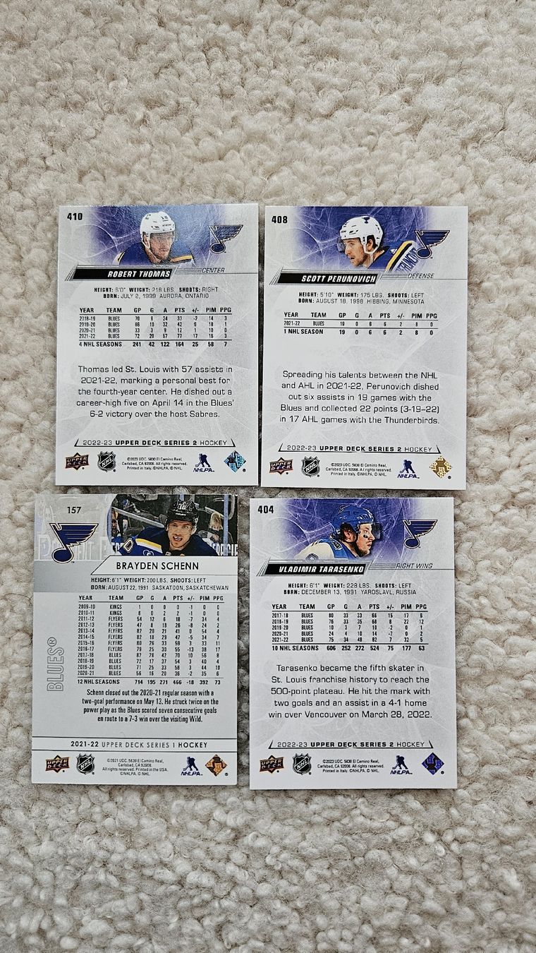 NHL Carte collezionabili: 4 cards BLUES- TARASENKO,SCHENN,THOMAS,PERUNOVICH – Nuovo (secondo la descrizione) da Boltigen venduto da Calagero 1