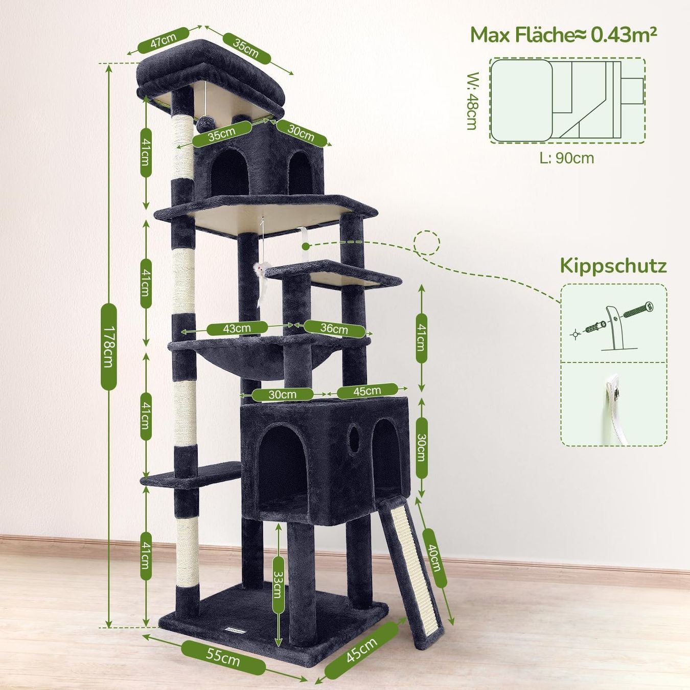 Katzenbaum - Kratzbaum: Kratzbaum Kletterbaum Katzenbaum 178cm Katzenhaus dunkelgrau – Neu und originalverpackt aus Zürich von  2