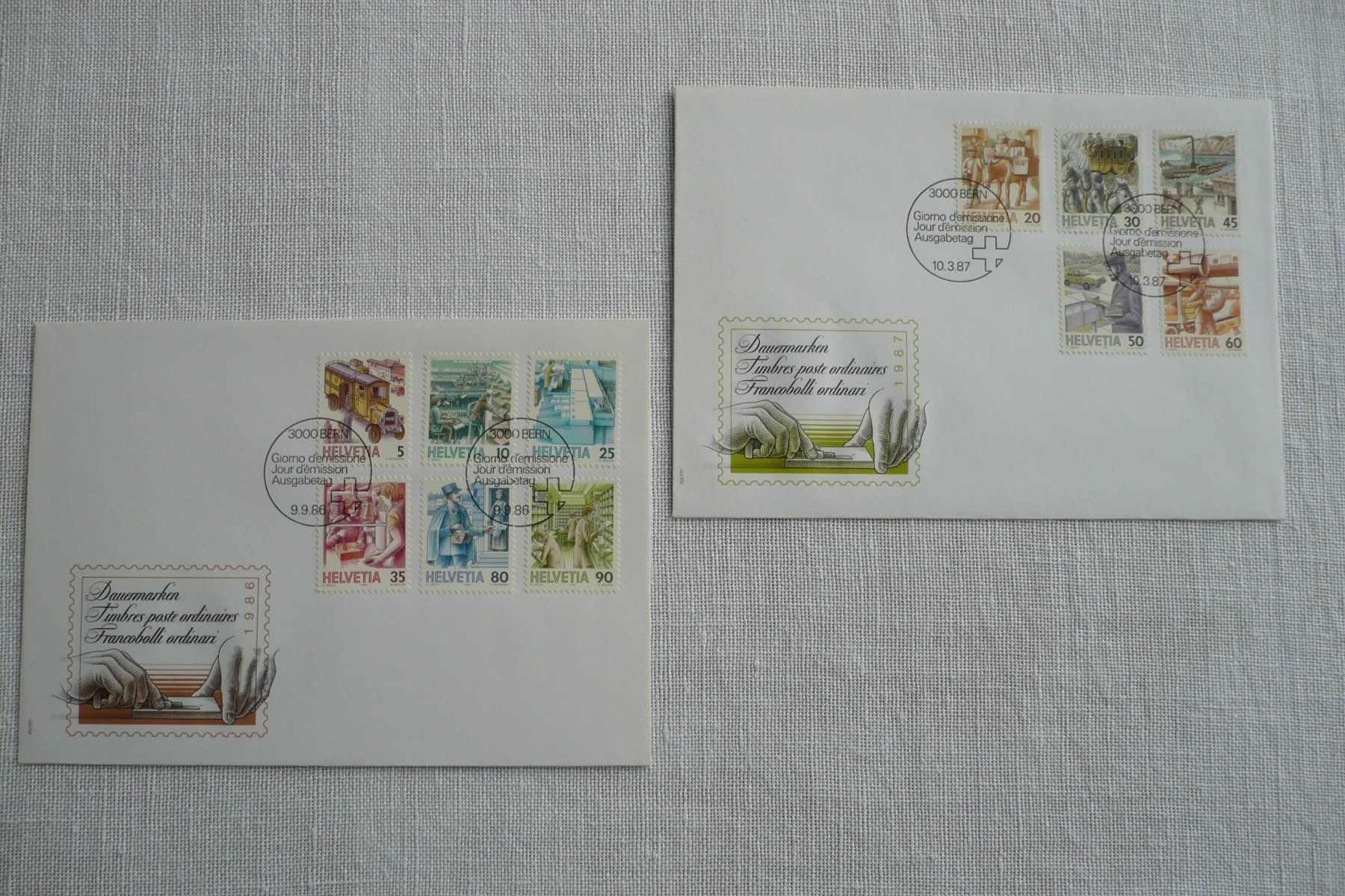 Alle Briefmarken: 1986/87 2 FDC Postbeförderung SBK 731 - 741 – Gebraucht aus Zürich von saltandpepper008