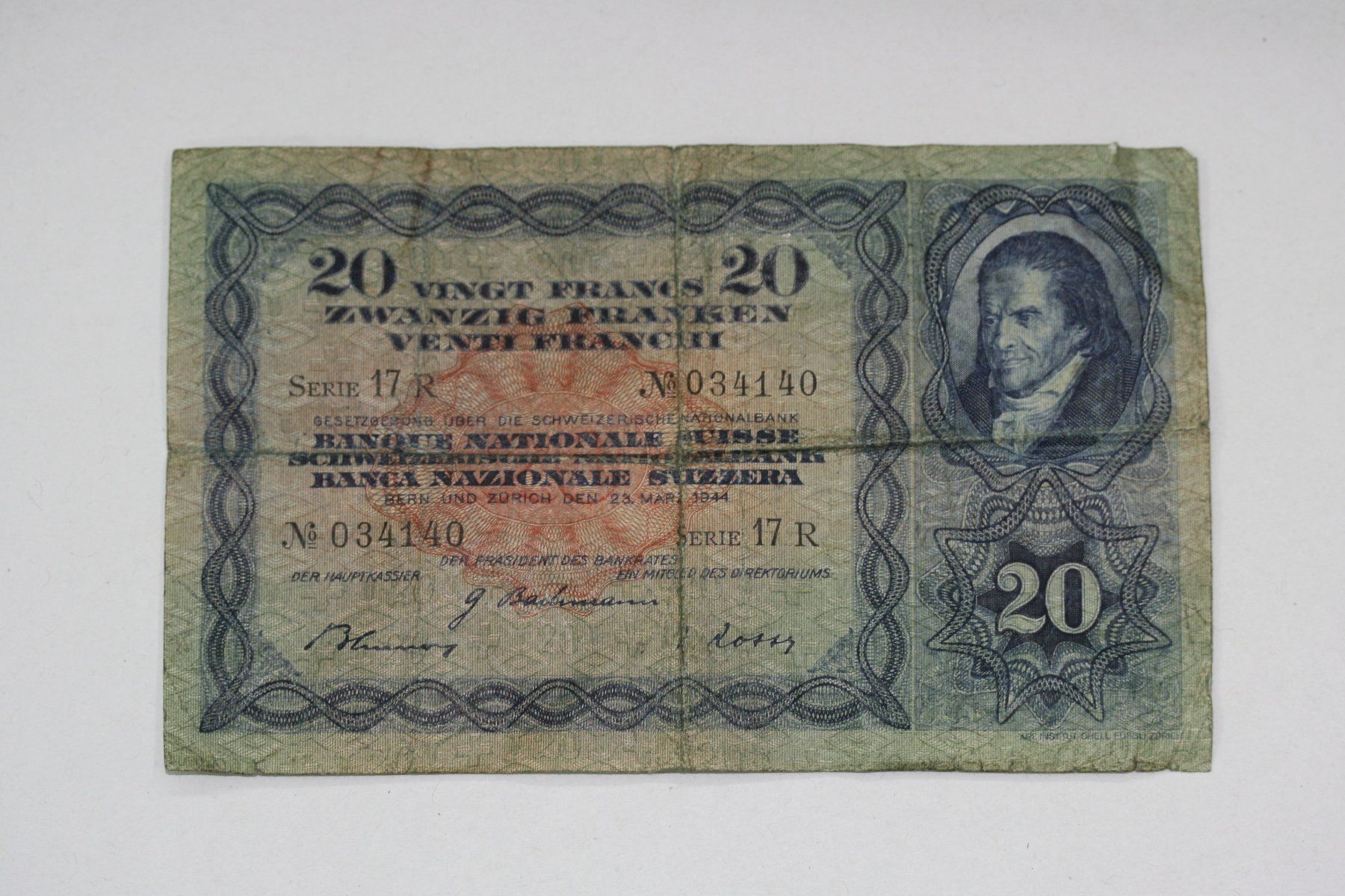 Banknoten: 20 Franken Note 23.03.1944 – Gebraucht aus Chur von Invinoveritas