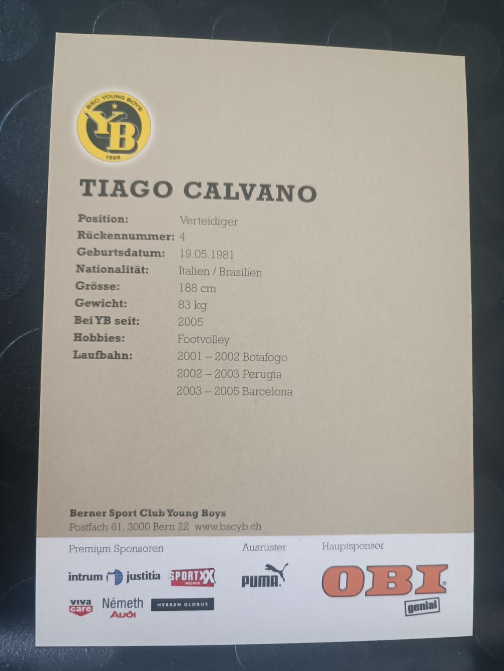 Autografi: Thiago Calvano - YB Bern - handsignierte Karte – Usato da Menziken venduto da Artographs 1