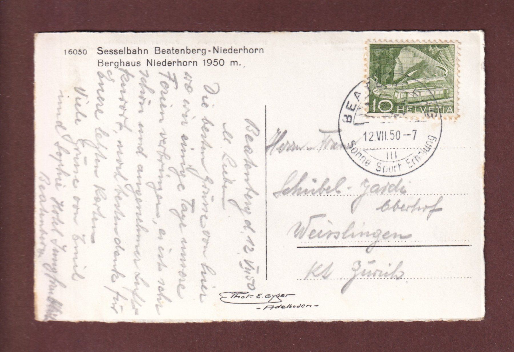 Cartoline postali: Sesselbahn BEATENBERG-NIEDERHORN - 1950 – Usato da Pully venduto da nicecards-shop 1