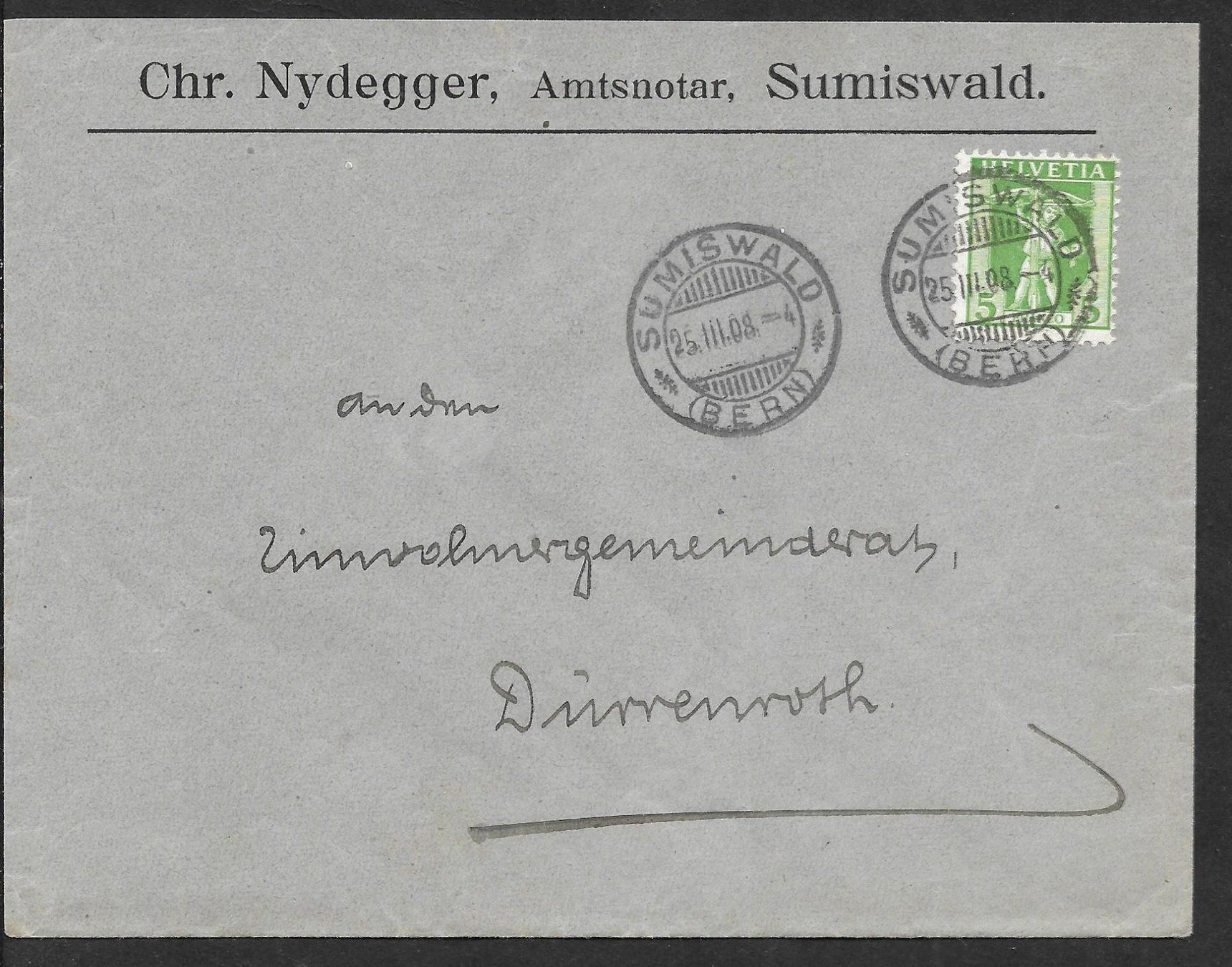 Tutti i francobolli: Sumiswald Bedarfsbrief Chr. Nydegger Amtsnotar 25.2.1908 – Usato da Olten venduto da clotaldi