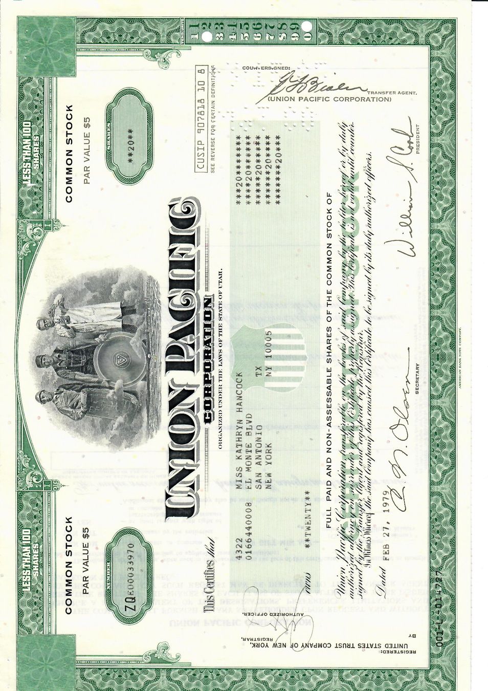 Documents: Original-Aktie der Union Pacific Corp., 17.2.1979 – D'occasion à Adliswil par Micoculier