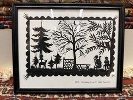 Vintage Scherenschnitt Kunstwerk von Hedy Fischer im Rahmen