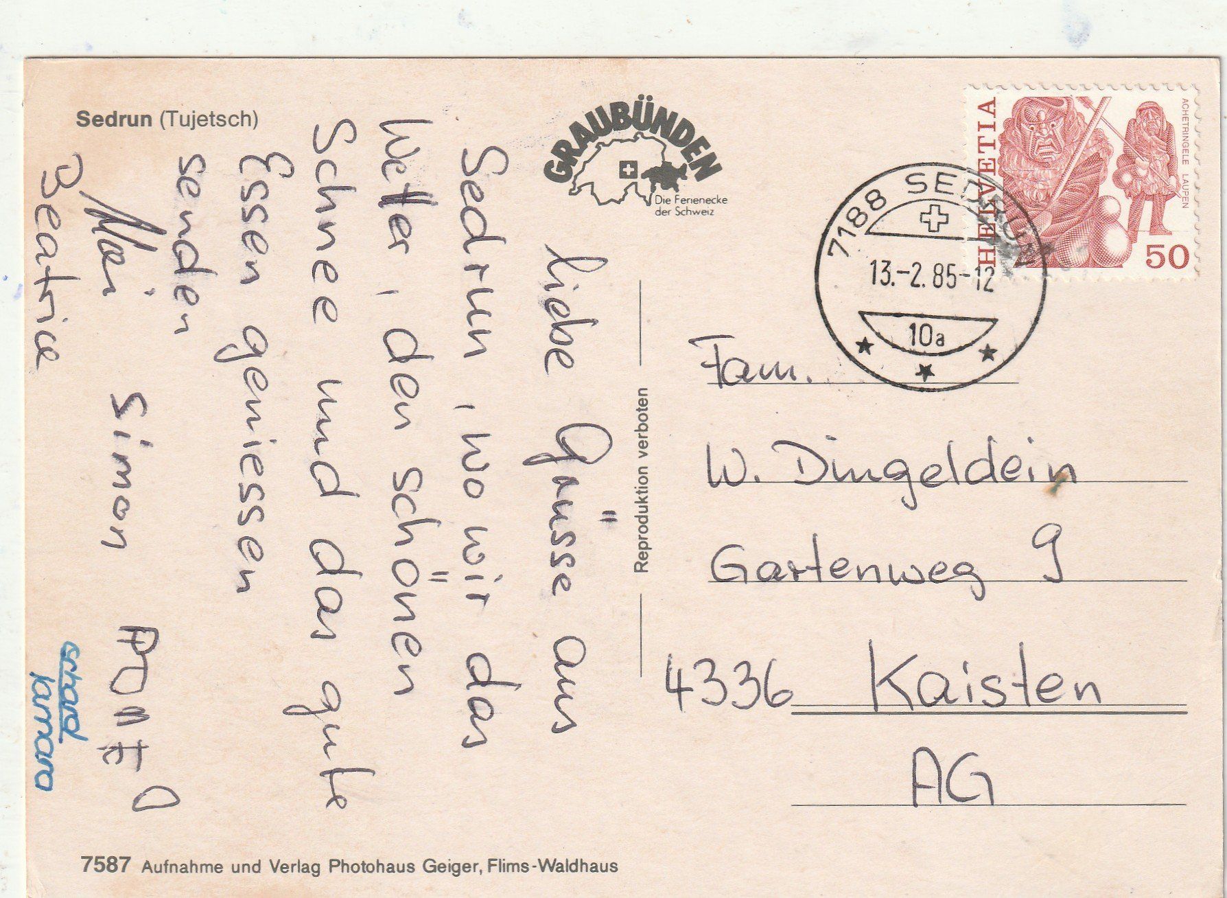 Cartes postales: Sedrun Winter – D'occasion à Lumbrein par made02 1
