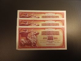 3x Alte Jugoslawische 100 Dinara Banknote. Nahe Seriennummer