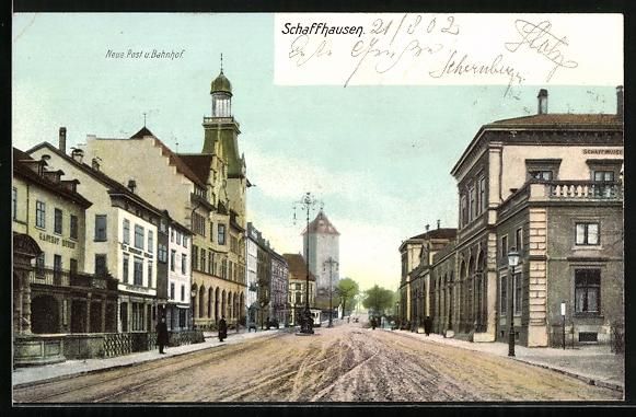 Cartes postales: AK Schaffhausen, Neue Post u. Bahnhof – D'occasion à Berlin par bartko-reher