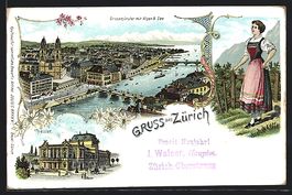 Litho Zürich, Grossmünster mit Alpen, 