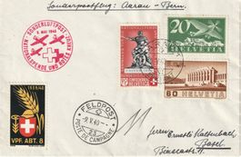 Rot Kreuz-Flug 1940 von Aarau an Feldpost 23, mit Soldatenm.