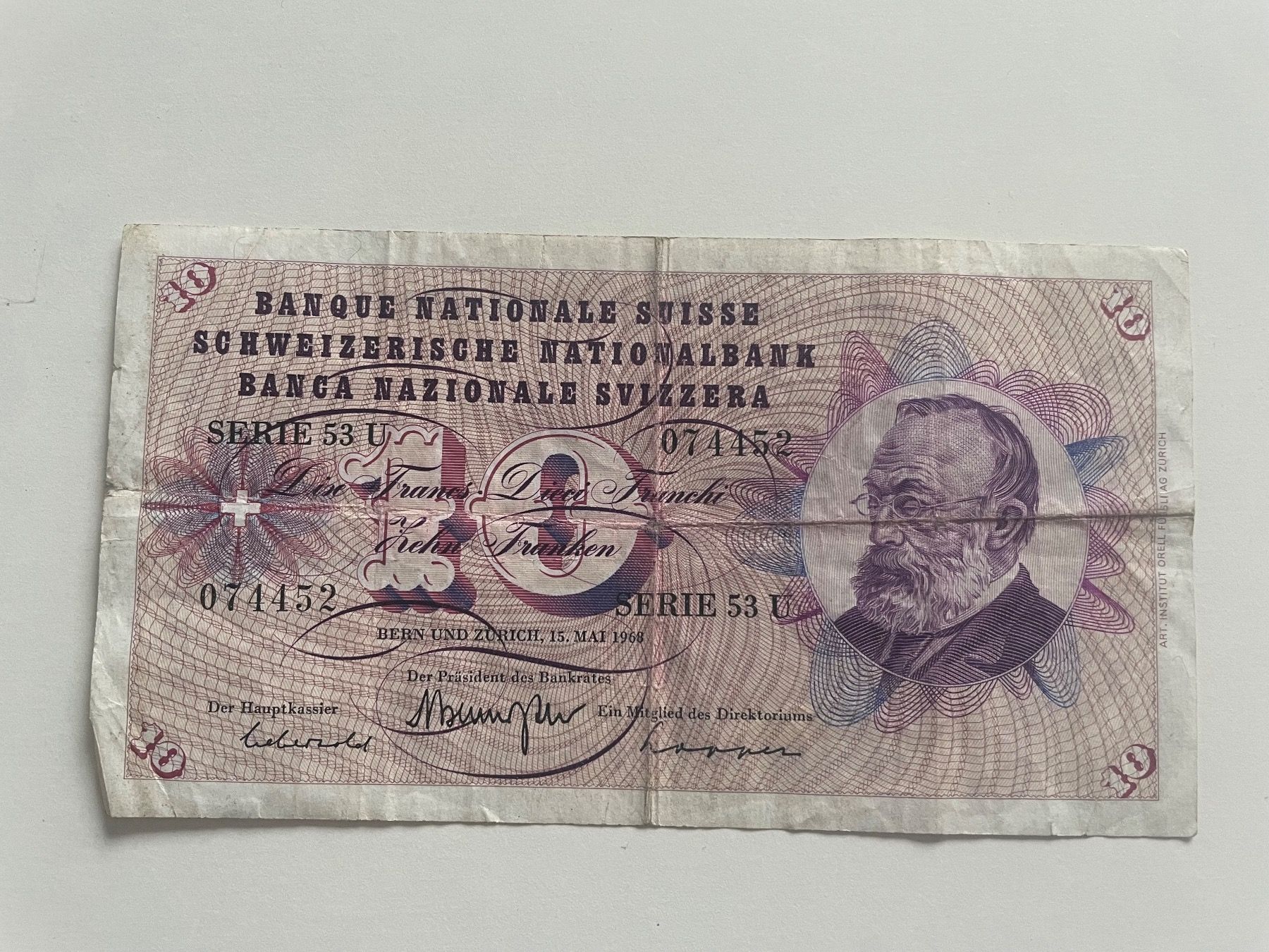 Banknoten: Schweiz 10 Franken  15 Mai 1968 – Gebraucht aus Wollerau von phimasado