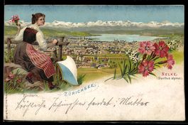 Litho Züricherin in Tracht, Zürichsee,