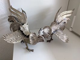 Paire de Coqs "Figurine vintage" métal argenté