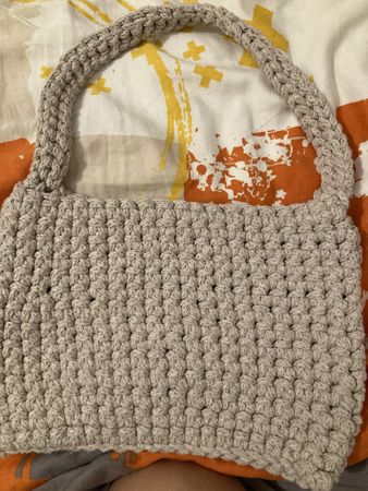 Handmade Crocheted Shoulder Bag Beige Cotton Fabric