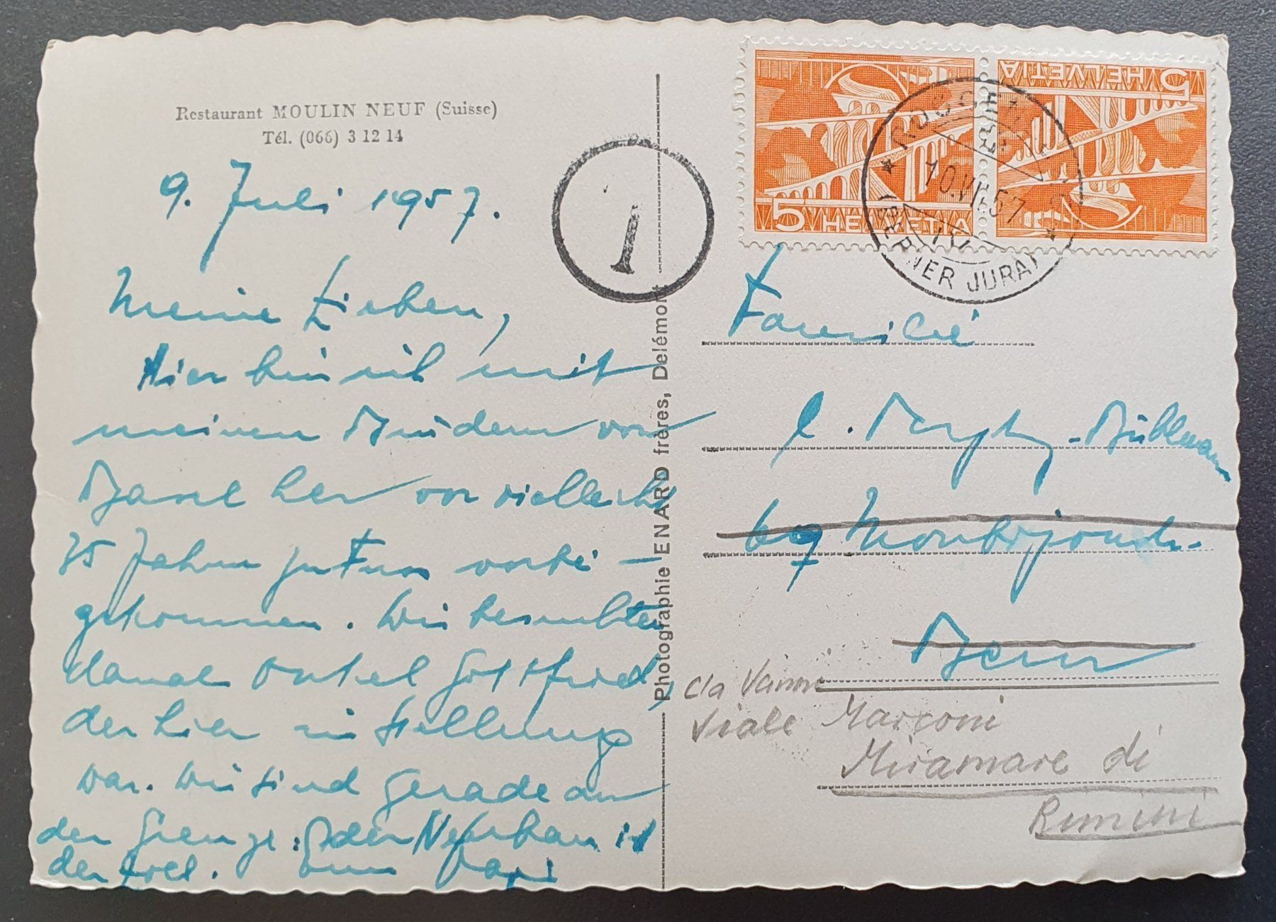 Ansichtskarten: Restaurant Moulin -Neuf, Roggenburg 1957 – Gebraucht aus Kreuzlingen von Rschweiz1 1
